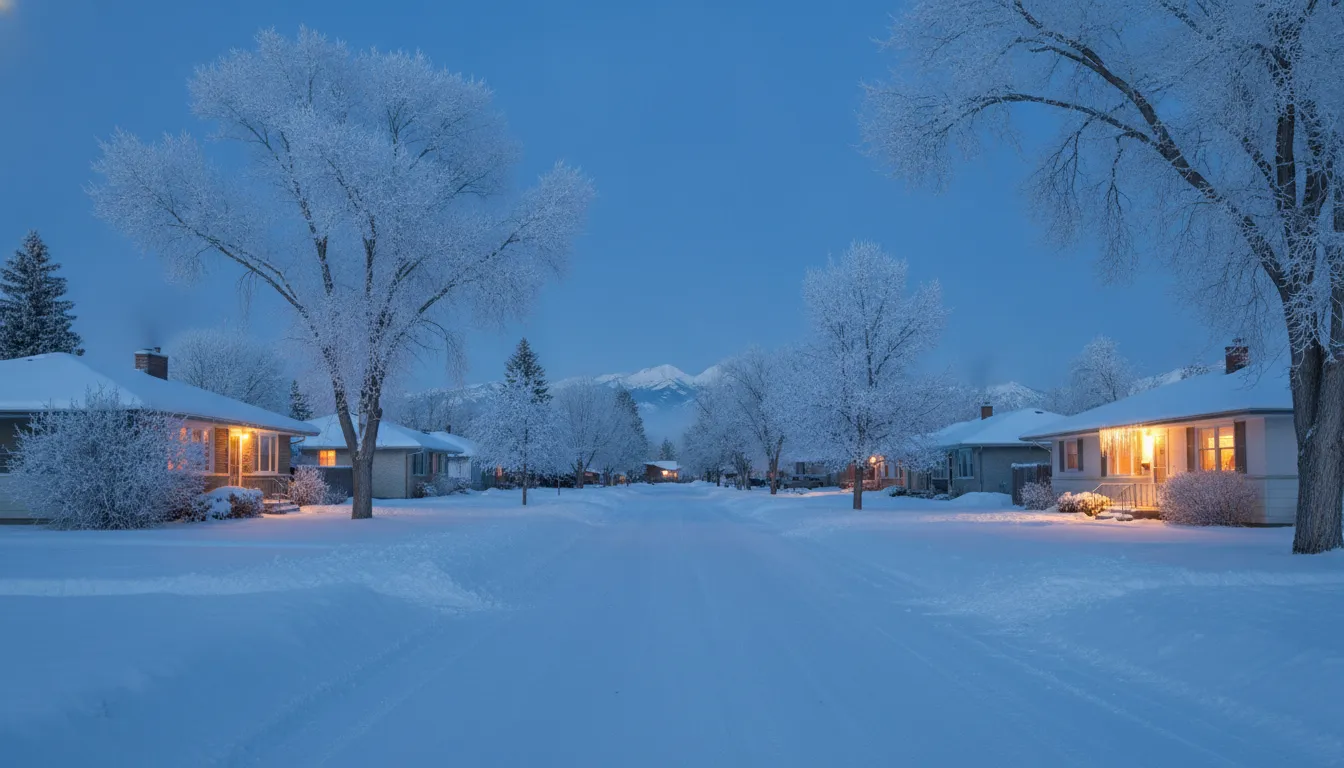 Older Calgary bungalows at winter blue hour, hoarfrost on the trees and snow on every roof