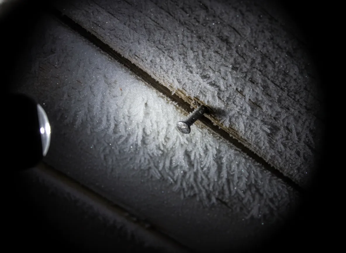 Frost crystals coating the underside of an attic roof deck, lit by a headlamp