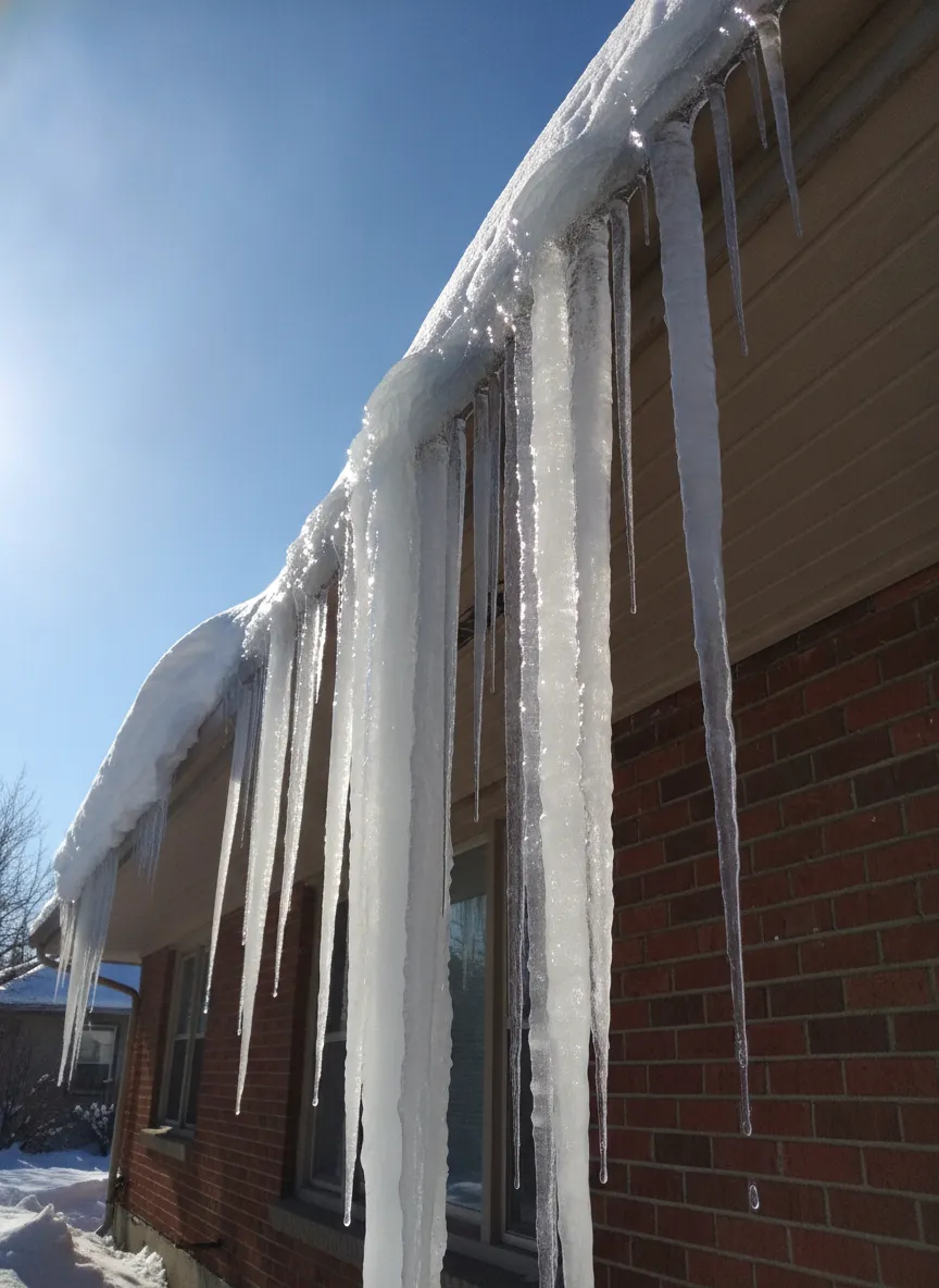 Heavy icicles and an ice dam on the eave of an older Calgary bungalow on a sunny chinook day