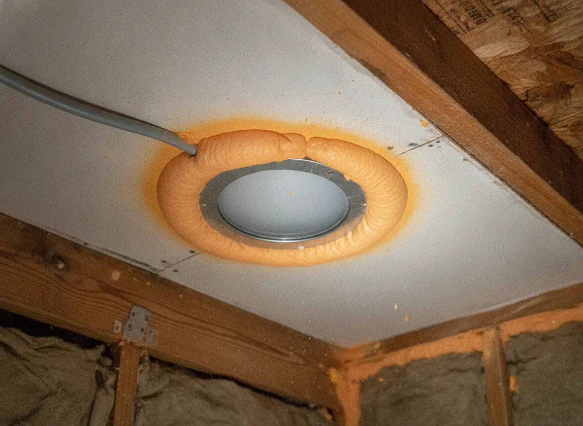 Raw photo: pot light housing neatly sealed with cured spray foam