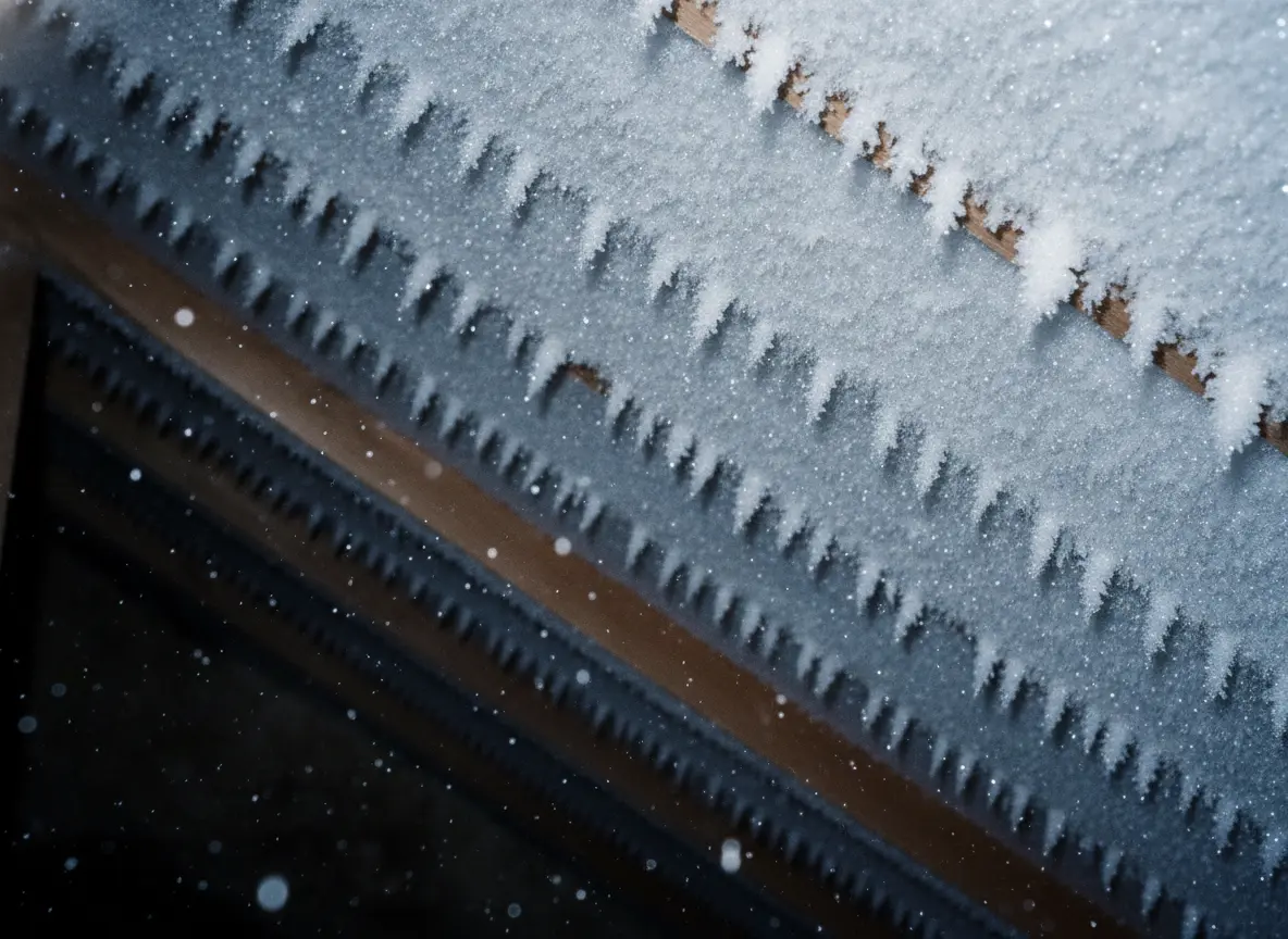 Raw photo: thick frost coating the underside of the roof deck and nail tips