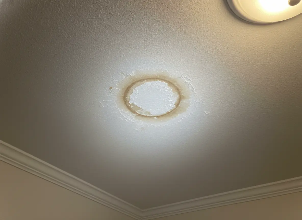 Raw photo: brown water ring stain on a bedroom ceiling