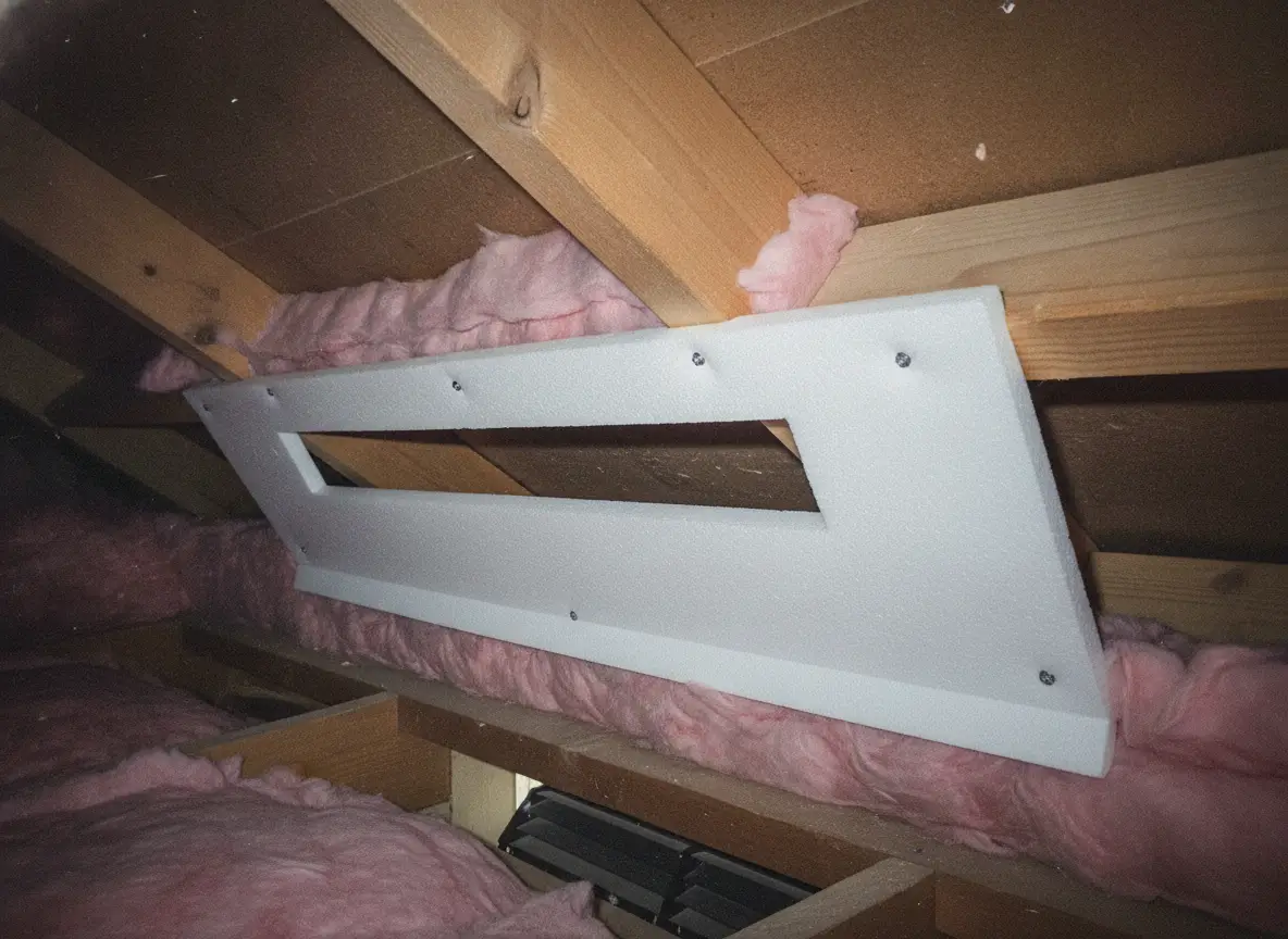 Raw photo: a clean foam baffle installed between rafters keeping the air channel open