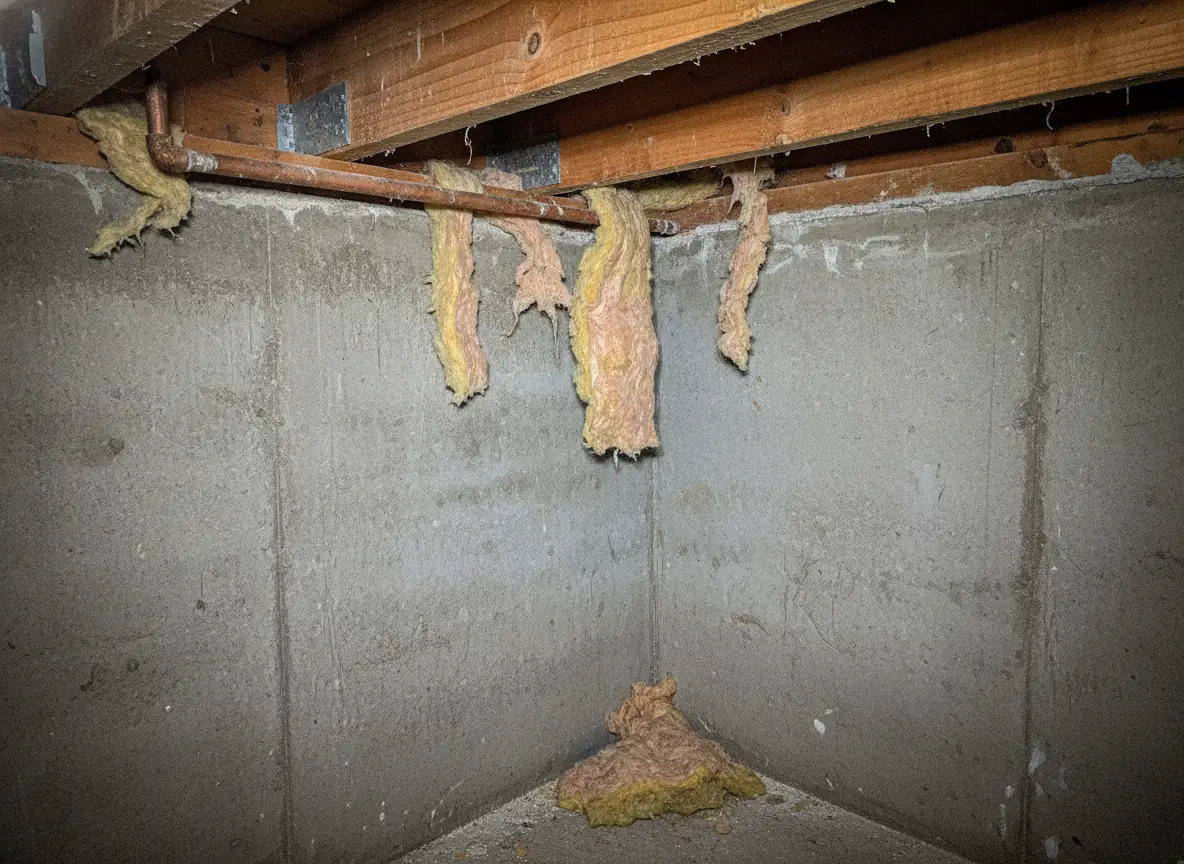 Raw photo: bare rim joist cavity in a basement