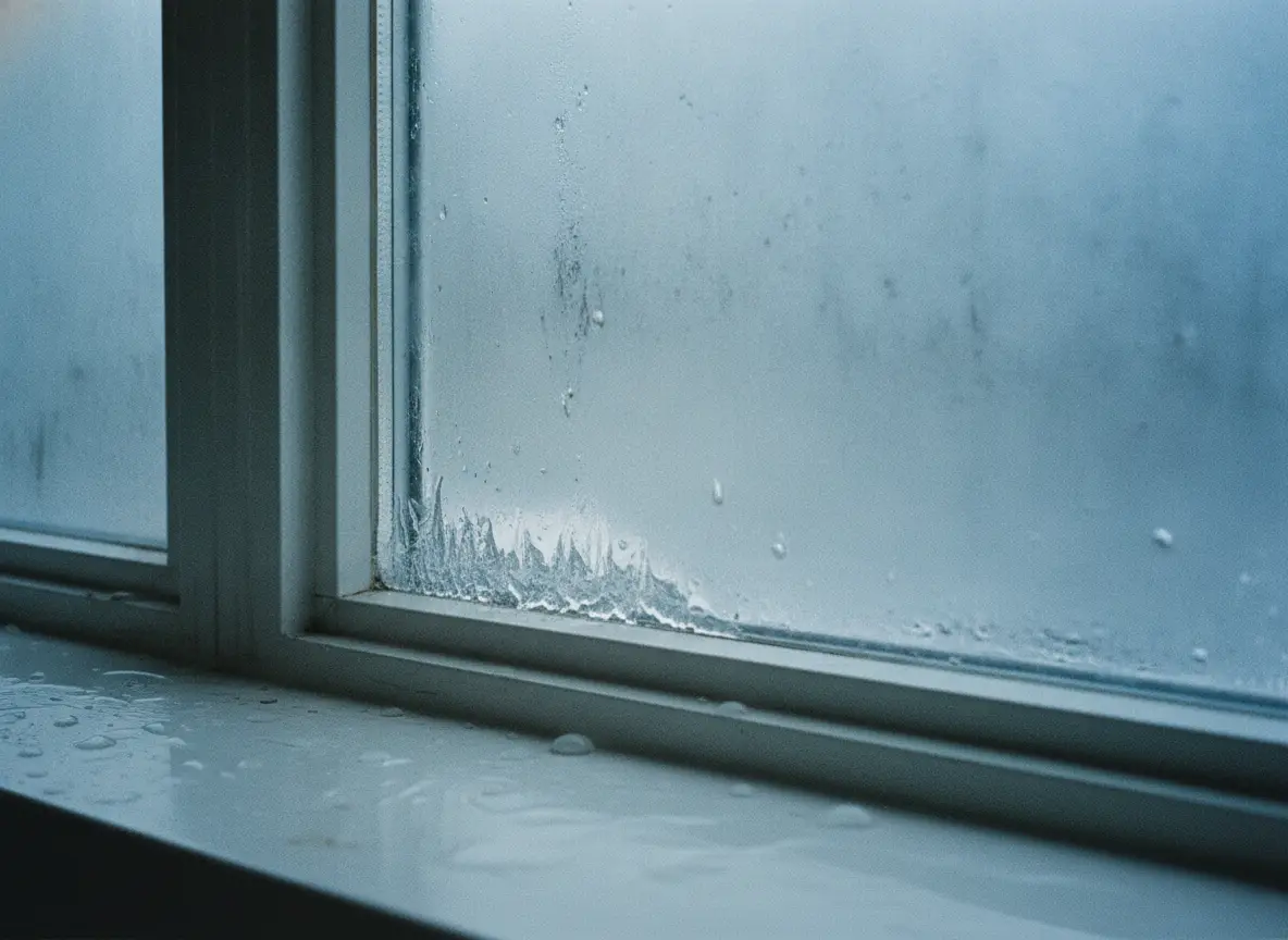 Raw photo: condensation and ice on an older window corner